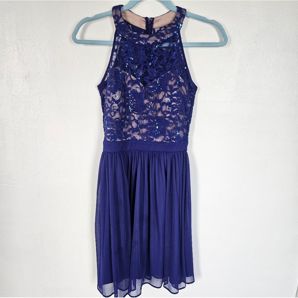 Royal Blue Lace Sequin Halter Neck Fit Flare Dress Party Occasion size 3/4
